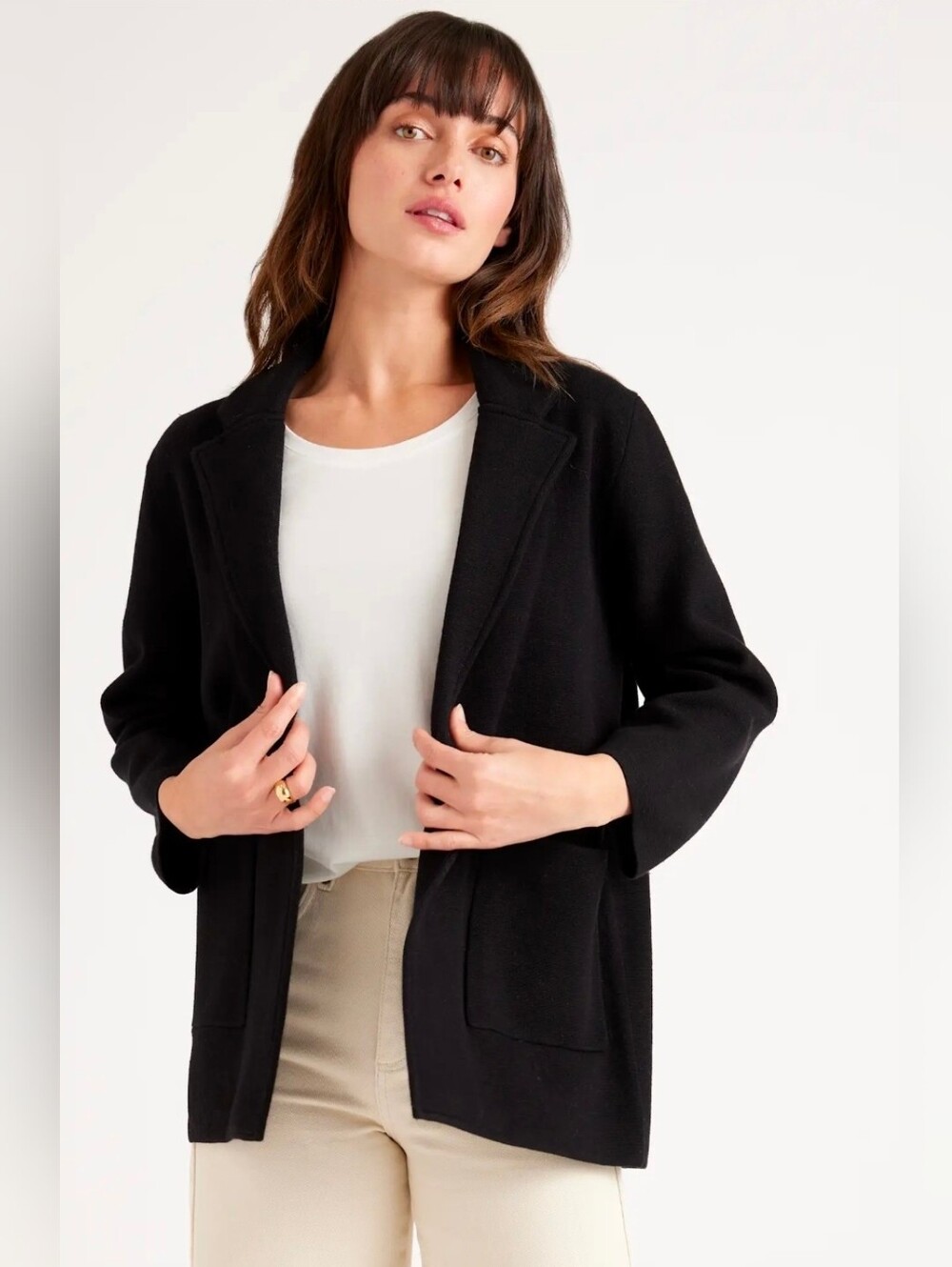 Quince Black Open-Front Blazer with Patch Pockets